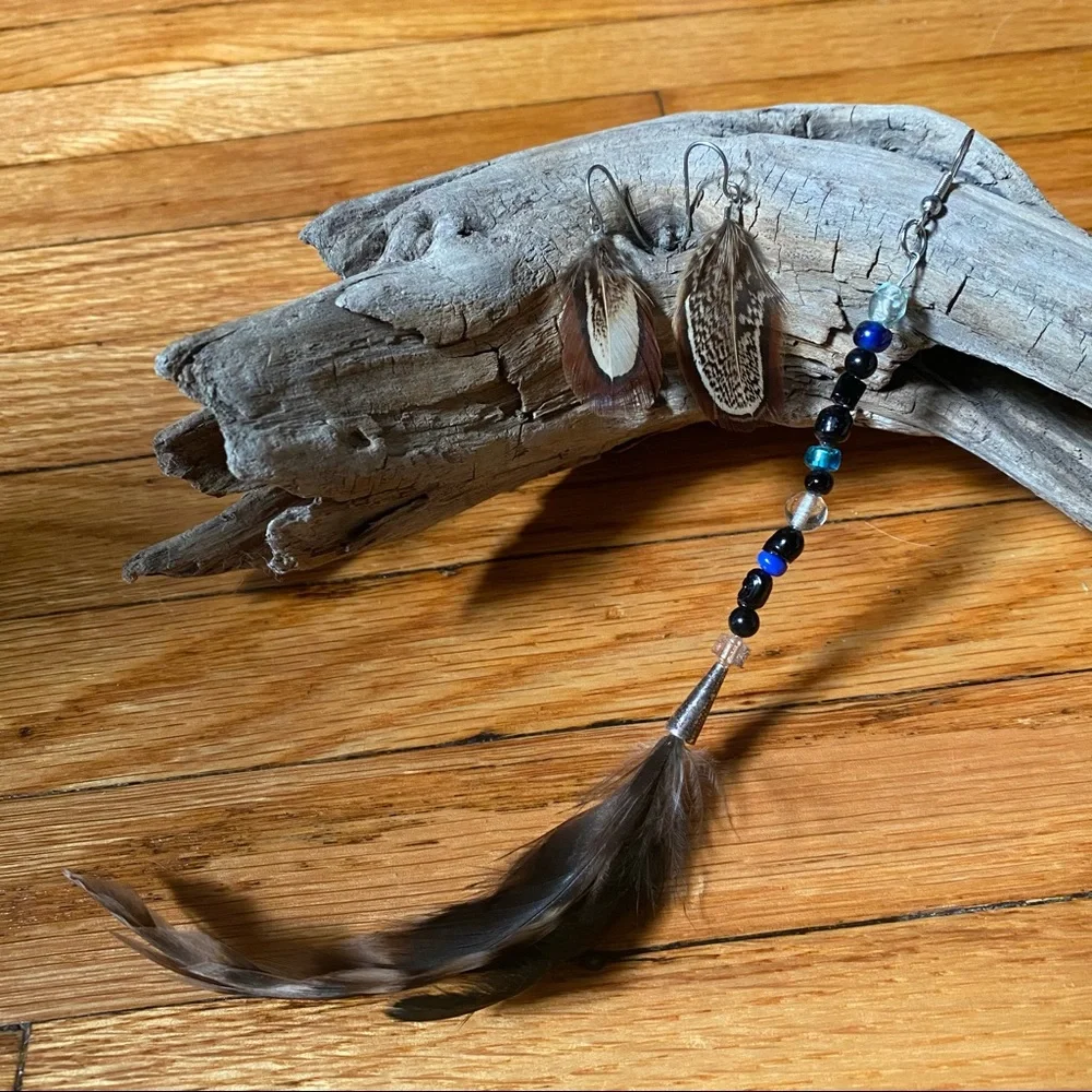Set of Feather Earrings, Bead and Feather Accents, Urban Outfitters